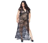 Leg Avenue 2 Pc. Long Caftan en Dentelle à Cils avec Ruban en Satin/String Assorti Noir Taille 1X-2X