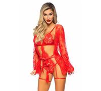 Leg Avenue 3 Pc Eyelash Garter Teddy with G-String Back Adjustable Straps, Lace Robe, and Ribbon Tie Ensemble de Lingerie, Rouge, M Femme