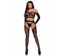 Leg Avenue 3 Pc Long Sleeve Halter Choker Crop Top, Lace Suspender Hose, G-String Set Ensemble de Lingerie, Noir, Taille Unique (Lot de 2) Femme