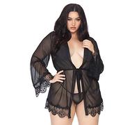 Leg Avenue 3 Pc. Nuisette Bordée de Dentelle à Cils Ruban à Nouer/String Assorti Noir Taille 1X-2X