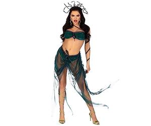Leg Avenue 4 PC Medusa, includes iridescent asymmetrical bra top with stuffed snake accent, skirt with built in panty and snake waist, arm wrap, and wired glitter snake headband