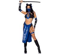 Leg Avenue 5 PC Combat Ninja, includes keyhole halter crop top, panel skirt with attached panty and garter, gauntlet gloves, face mask, and hair ties.