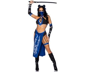 Leg Avenue 5 PC Combat Ninja, includes keyhole halter crop top, panel skirt with attached panty and garter, gauntlet gloves, face mask, and hair ties.
