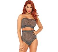 Leg Avenue 81571 Top Bandeau en Élasthanne/Lurex & Culotte Brésilienne Taille Haute Noir Argent Taille Unique EUR 34-38