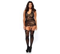 Leg Avenue 89224Q Bodystocking Porte-Jarretelles Opaque sans Couture en Dentelle Florale à Bretelles Multiples Noir Taille Plus 42-46