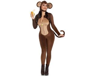 Leg Avenue Cheeky Monkey Lot de 2 combinaisons en velours ultra doux avec fermeture éclair banane et fesses de singe coquines, queue filaire et bonnet d'oreille, marron, taille L
