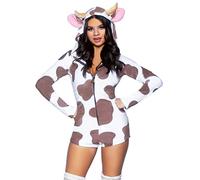 Leg Avenue Comfy Cow, features ultra-soft velvet plush zip up romper with cow bell zipper pull, horn and ear hood, and fur-tipped tail.