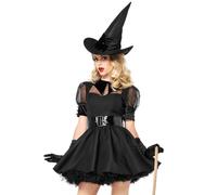 LEG AVENUE Costume de sorcière noir pour femme - Robe d'Halloween avec | Costume de sorcière séduisant 3 pièces en noir avec manches en tulle, large ceinture et chapeau de sorcière. Parfait pour
