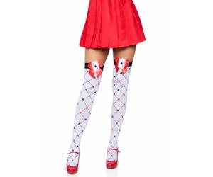 Leg Avenue Diamond Charm Thigh Highs with Bow and Card Charm, One Size, White/Red/Black