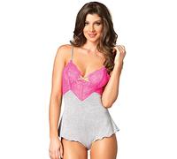 Leg Avenue Grand modèle Gris et Rose Fluo pour Femme pyjama en jersey brossé Lounge Teddy Heather