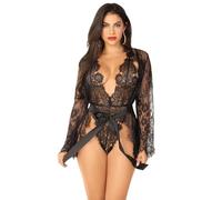 Leg Avenue Leg Avenue Body en Dentelle Florale avec String Robe Body en Dentelle Florale avec String Robe en Dentelle Assortie/Cravate en Satin Noir Taille M Femme (lot de 1)