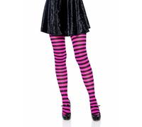 Leg Avenue - Nylon Stripe Tights, Taille Unique (Noir & Rose Fluo)
