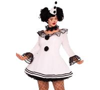 Leg Avenue Plus Size 3 PC Pierrot Clown Costume, Includes Lace Trimmed Velvet Dress with Pom-Pom Accents, Ruffle Neck Piece, and Hat, 3X-4X, WHITE/BLK