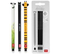 LEGAMI Ensemble avec 3 stylos gel effaçables + 3 recharges noires, avec encre effaçable thermosensible, différentes couleurs d'encre et designs de stylo, pointe de 0,7 mm, design panda, chat et