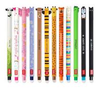 LEGAMI - Lot de 12 stylos à encre gel effaçable avec encre thermosensible, gamme de couleurs d'encre et motifs de baril, pointe de 0,7 mm, motifs animaux
