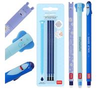 Legami - Lot de 3 stylos gel effaçables + 3 recharges bleues, avec encre thermosensible, pointe de 0,7 mm, design requin, éléphant et hippopotame