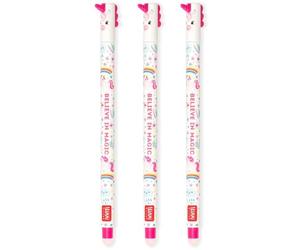 Legami - Lot de 3 stylos gel effaçables avec encre gomme thermosensible pointe 0,7 mm, designs licorne