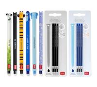 LEGAMI - Lot de 6 stylos gel effaçables + 6 recharges, encre noire et bleue thermosensible, pointe 0,7 mm, motifs pandas, chats, abeilles, requins, élphants et hippopotames