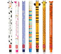 LEGAMI - Lot de 7 stylos gel effaçables avec encre thermosensible, gamme de couleurs d'encre et motifs de baril, pointe de 0,7 mm, motif vache, licorne, hippopotame, lama, abeille, girafe, tigre