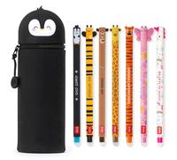 LEGAMI - Lot de 7 stylos gel effaçables + trousse 2 en 1 - avec encre effaçable thermosensible, couleurs d'encre et motifs de baril, pointe de 0,7 mm, lot de 2 (pingouin)