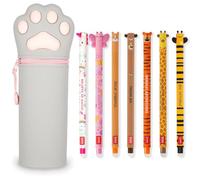 LEGAMI - Lot de 7 stylos gel effaçables + trousse 2 en 1 - avec encre effaçable thermosensible, gamme de couleurs d'encre et design de baril, pointe de 0,7 mm (chaton)