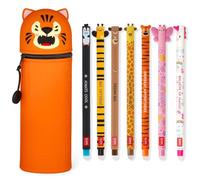 LEGAMI - Lot de 7 stylos gel effaçables + Trousse à crayons Pot à stylos 2-en-1 - avec encre thermosensible effaçable, couleurs d'encre et motifs du corps, pointe 0,7 mm, Set 2 (Tigre)
