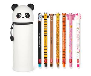 LEGAMI - Lot de 7 stylos gel effaçables + trousse porte-stylos 2 en 1 - avec encre thermosensible effaçable, couleurs d'encre et motifs de corps, pointe 0,7 mm, Lot 2 (Panda)