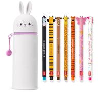 LEGAMI - Lot de 7 stylos gel effaçables + trousse pot à crayons 2 en 1 - avec encre thermosensible effaçable, couleurs d'encre et designs de corps, pointe 0,7 mm, Ensemble 2 (Lapin)