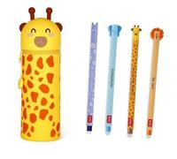 LEGAMI - Sac à dos 2-en-1 en silicone souple - Sac d'école girafe, porte-stylos de table, fermeture éclair, silicone, sac à crayons crayons marqueurs, H 18,5 cm avec set de 4 stylos (Girafe + set de 4