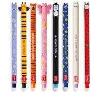 Legami - Set de 8 stylos gel effaçables, thème Animaux, boule à l'extrémité pour effacer l'encre, noir, bleu, violet, rouge, turquoise, orange, thermosensible, diamètre de la pointe 0,7 mm