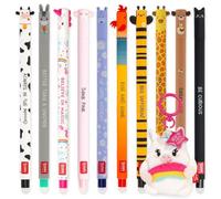 LEGAMI Stylo gel effaçable + porte-clés en peluche | Lot de 10 stylos avec encre effaçable thermosensible, gamme de couleurs d'encre, pointe de 0,7 mm | Motifs d'animaux mignons (licorne)