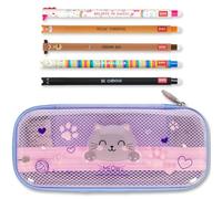 LEGAMI Trousse et Stylo effaçable WonderWow | Lot de 5 stylos Animaux Mignons à Encre thermosensible + Trousse à 2 Compartiments (Chaton)
