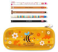 LEGAMI Trousse et Stylo effaçable WonderWow | Lot de 5 stylos Animaux Mignons à Encre thermosensible + Trousse à 2 Compartiments (Abeille)
