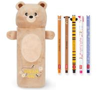 LEGAMI Trousse ultra douce et stylos gel effaçables Lot de 5 stylos animaux mignons à encre thermosensible + trousse peluche (Nounours)