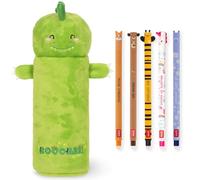 LEGAMI Trousse ultra douce et stylos gel effaçables Lot de 5 stylos animaux mignons à encre thermosensible + trousse peluche (Dino)