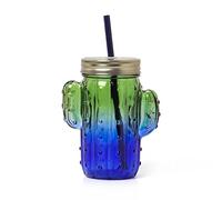 Legami - Verre en verre avec bouchon et paille, Cheers, 11 x 14,5 cm, 350 ml, en verre, plastique, acier inoxydable, thème Cactus, tasse avec poignée en forme de plante grasse, bouchon à vis (JAR0002)