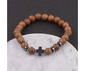 LeGDOr Bracelet Chapelet en Perles de Bois Rondes Naturelles pour Hommes et Femmes, élastique, prière Bouddhiste, Bouddha, Croix Courte, 1 pièce