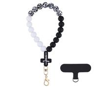 LEGENTLISUR Dragonne de poignet en forme de croix avec perles en silicone pour téléphone portable avec languette d'attache - Bracelet élastique mains libres pour téléphone portable (noir A)
