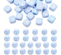 LEGENTLISUR Lot de 26 perles en silicone avec lettres de l'alphabet - 12 mm - Cubes carrés - Pour bracelets d'amitié, mots, porte-clés, bijoux, loisirs créatifs - Bleu clair