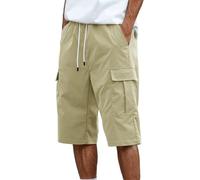 Léger Pantacourt Homme Été - 3/4 Bermuda Cargo Short Taille Elastique Capri Pants Short Shorts avec Multiples Poches Cordon de Serrage Pantalon Court Unie S-3XL