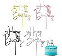 LeGeYo Lot de 4 Cake Toppers Happy Birthday - Décoration de Gâteau en Acrylique (Noir/Argent/Or/Or Rose) pour Anniversaire Enfants & Adultes