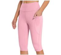 Legging capri pour femme taille haute contrôle du ventre longueur genou legging de gym avec poche d'été sans couture extensible uni short de course élastique opaque sport court legging, 3 roses., XL