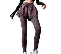 Legging de sport 2 en 1 pour femme - Taille haute - Avec cordon de serrage - Couleur unie - Pour course à pied, yoga, entraînement