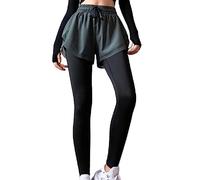 Legging de sport 2 en 1 pour femme - Taille haute - Avec cordon de serrage - Couleur unie - Pour course à pied, yoga, entraînement