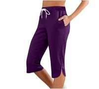 Legging de sport pour femme Push Up court 3/4 taille haute anti-frottements élastiques Legging Capri anti-cellulite respirant Poche course Entraînement Gym 2025, pourpre, L