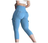 Legging d'hiver doublé pour femme - Capri cargo avec poches - Taille haute - Scrunch Butt Lifting - Entraînement - Pantalon de course - Pantalon long mollet - Pantalon pour homme, bleu clair, M