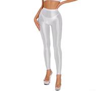 Legging effet mouillé satiné brillant pour femme - Style disco brillant - Pour la danse, le yoga et le club, taille haute - En nylon - Plusieurs couleurs unies - Taille M - Blanc