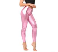 Legging élégant en cuir verni brillant pour femme avec taille mi-haute, idéal pour un usage quotidien et une soirée (taille moyenne rose)