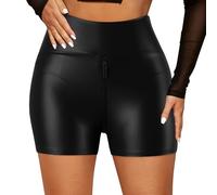 Legging Faux avec taille élastique pour femme - Pantalon haut en cuir synthétique - Fermeture éclair - Entrejambe ouvert - Pantalon court
