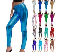 Legging pour femme - Argenté métallisé brillant - Pantalon années 80 avec taille haute - Legging brillant - Jupe de fête - Costume disco - Carnaval - Pantalon métallique à paillettes - Legging doré,